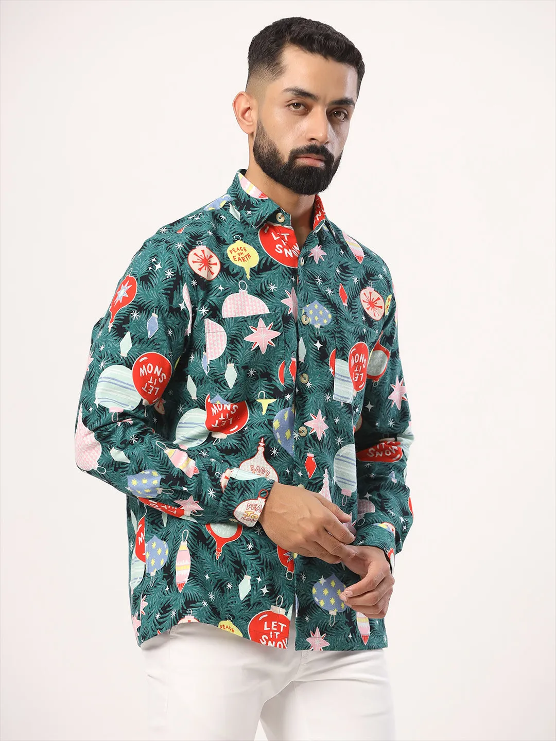 Green Christmas Tree Printed Full Sleeves Flannel Shirt