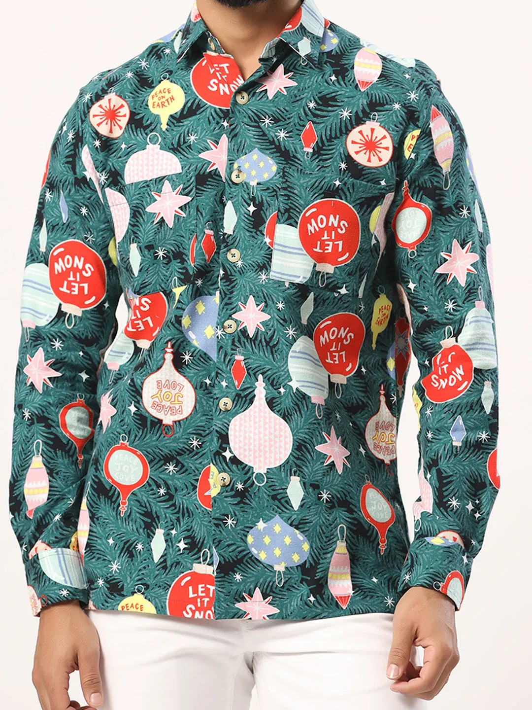 Green Christmas Tree Printed Full Sleeves Flannel Shirt