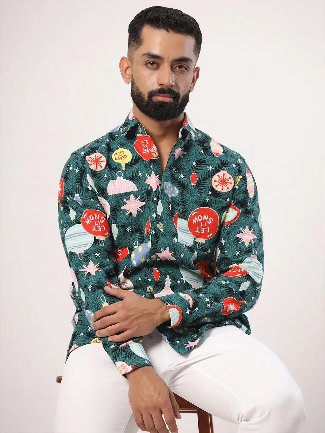Green Christmas Tree Printed Full Sleeves Flannel Shirt