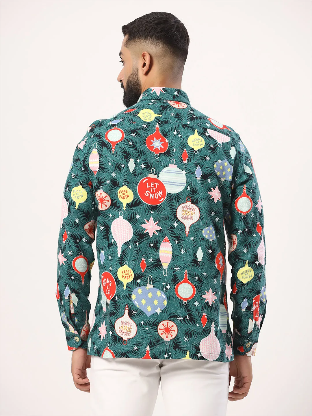 Green Christmas Tree Printed Full Sleeves Flannel Shirt
