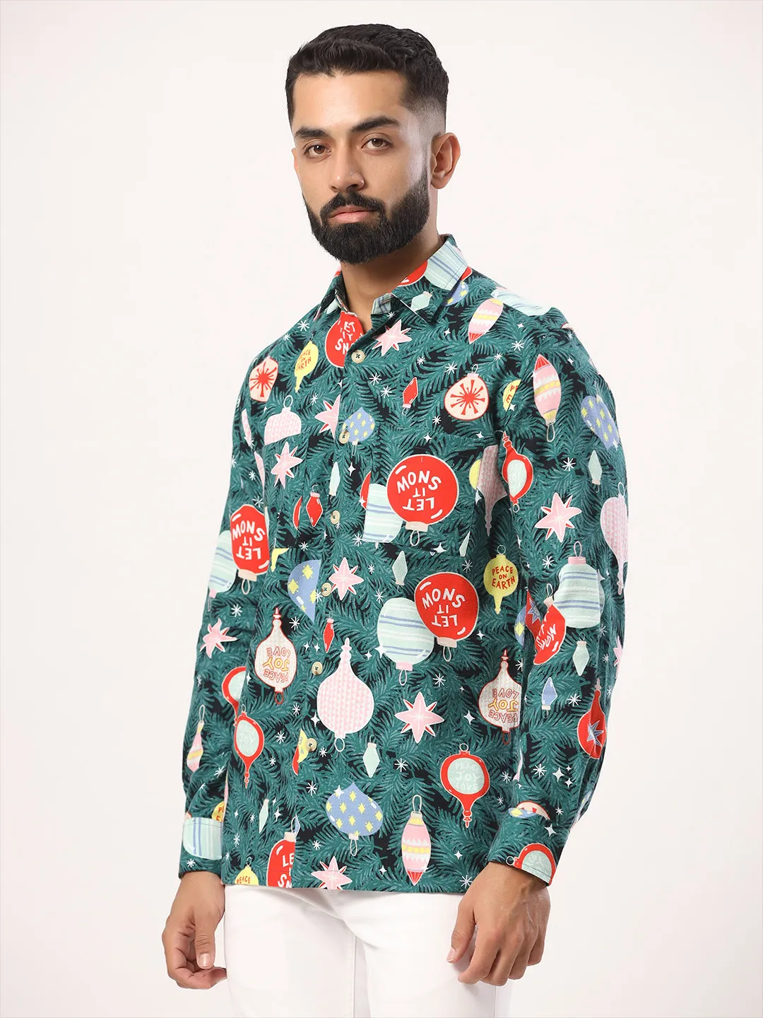 Green Christmas Tree Printed Full Sleeves Flannel Shirt