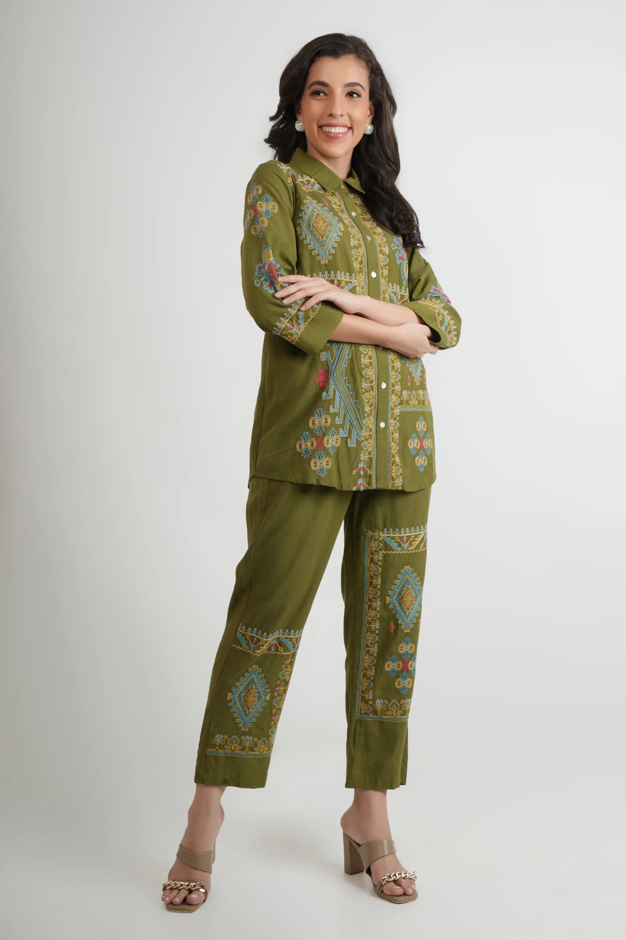 Green Embroidered Shirt and Pants - Co-ord Set