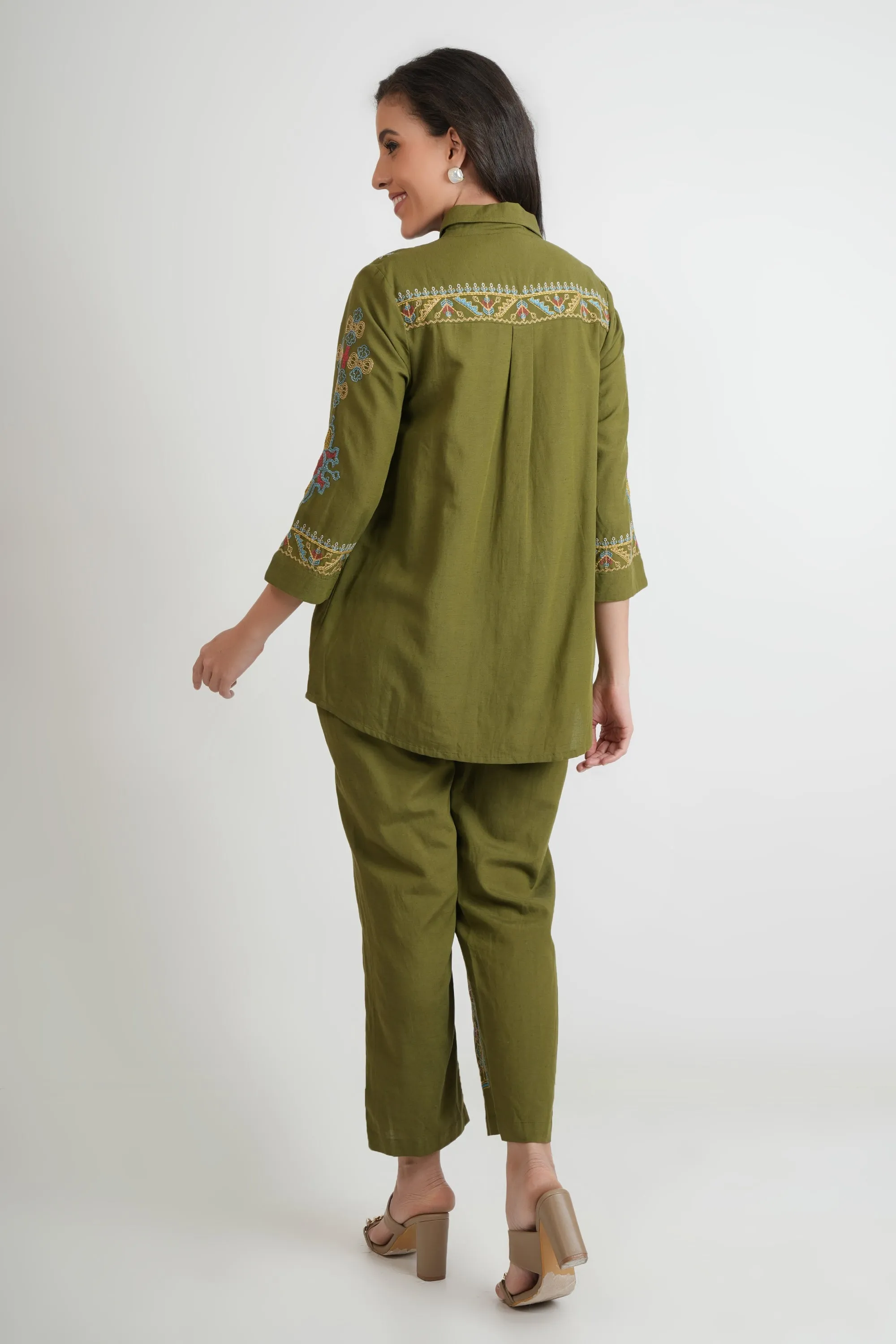 Green Embroidered Shirt and Pants - Co-ord Set