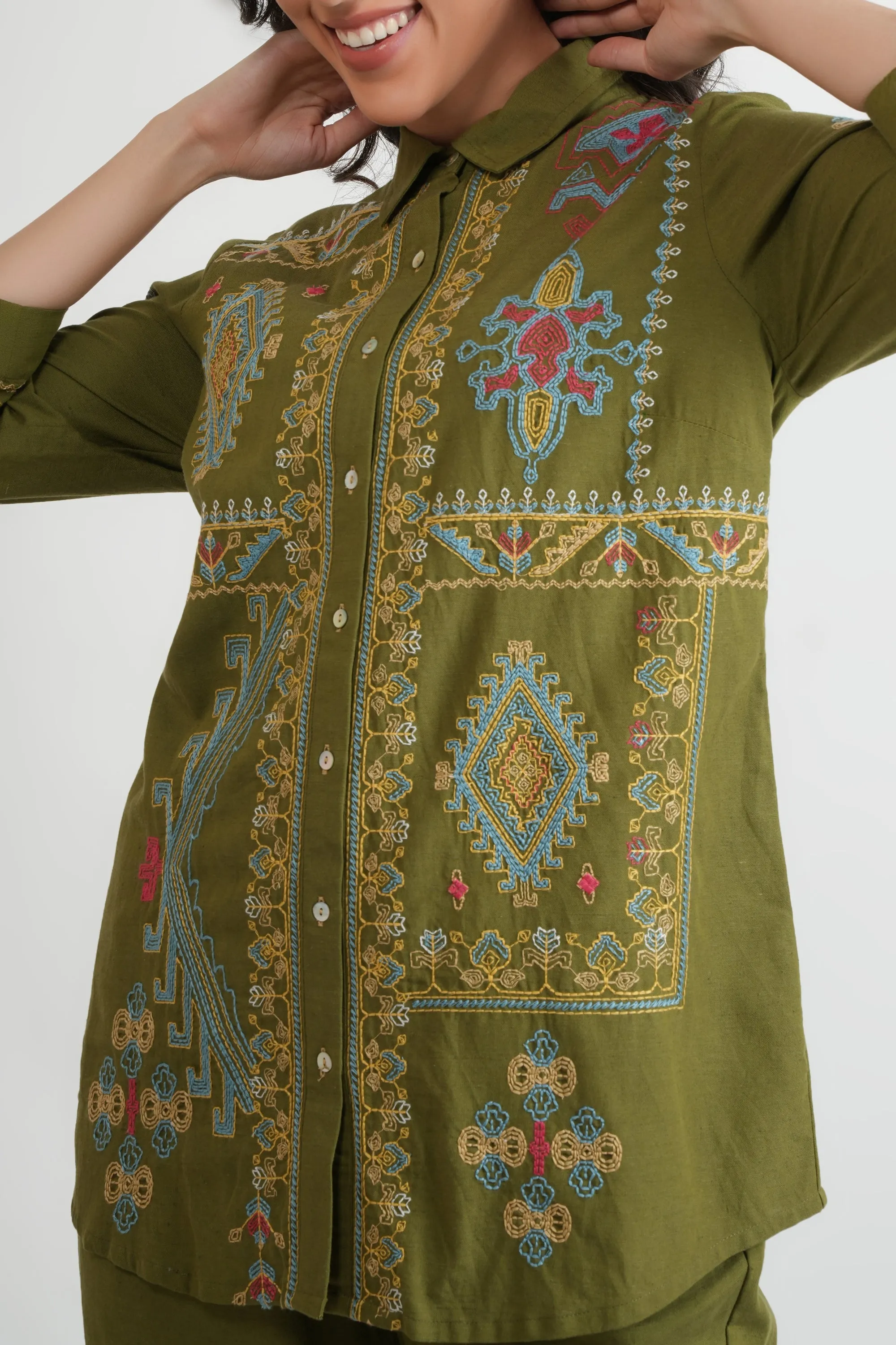 Green Embroidered Shirt and Pants - Co-ord Set