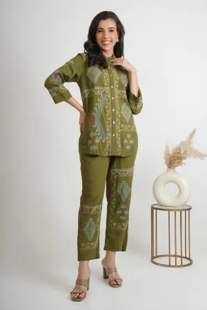 Green Embroidered Shirt and Pants - Co-ord Set