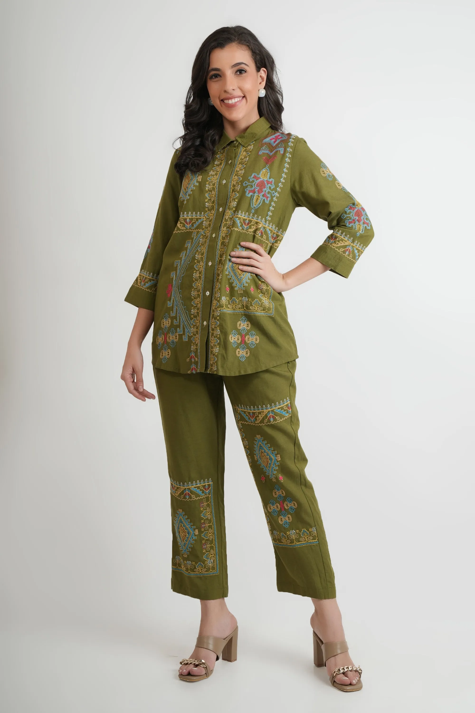 Green Embroidered Shirt and Pants - Co-ord Set