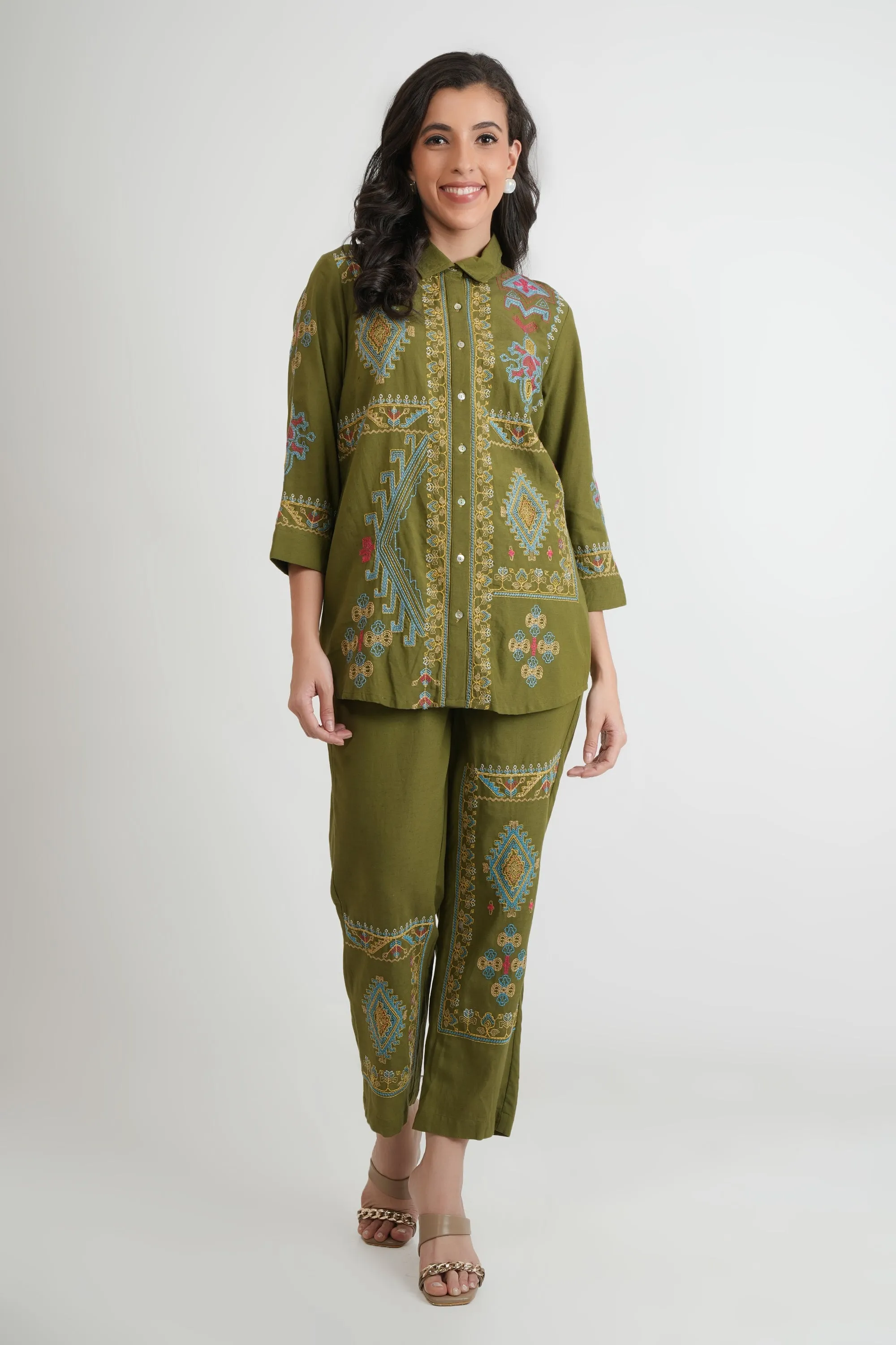 Green Embroidered Shirt and Pants - Co-ord Set
