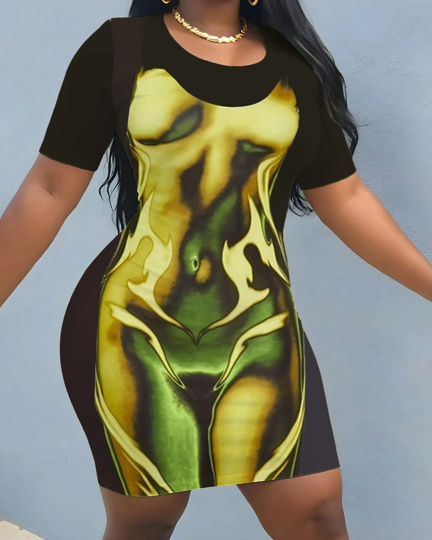 Green Fluorescent Sexy Body Print Short Sleeve Bodycon Dress