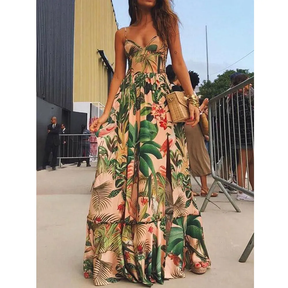 Green Hawaii Style Condole Belt Maxi Dresses