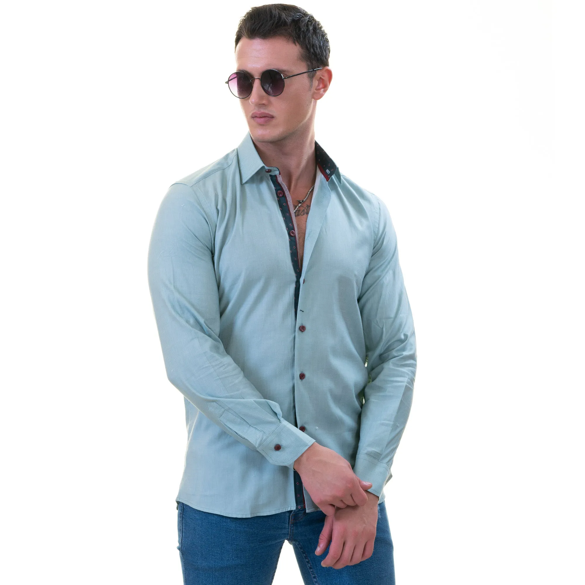Green with Gren Sailor inside Slim Fit Designer Dress Shirt - tailored Cotton Shirts for Work