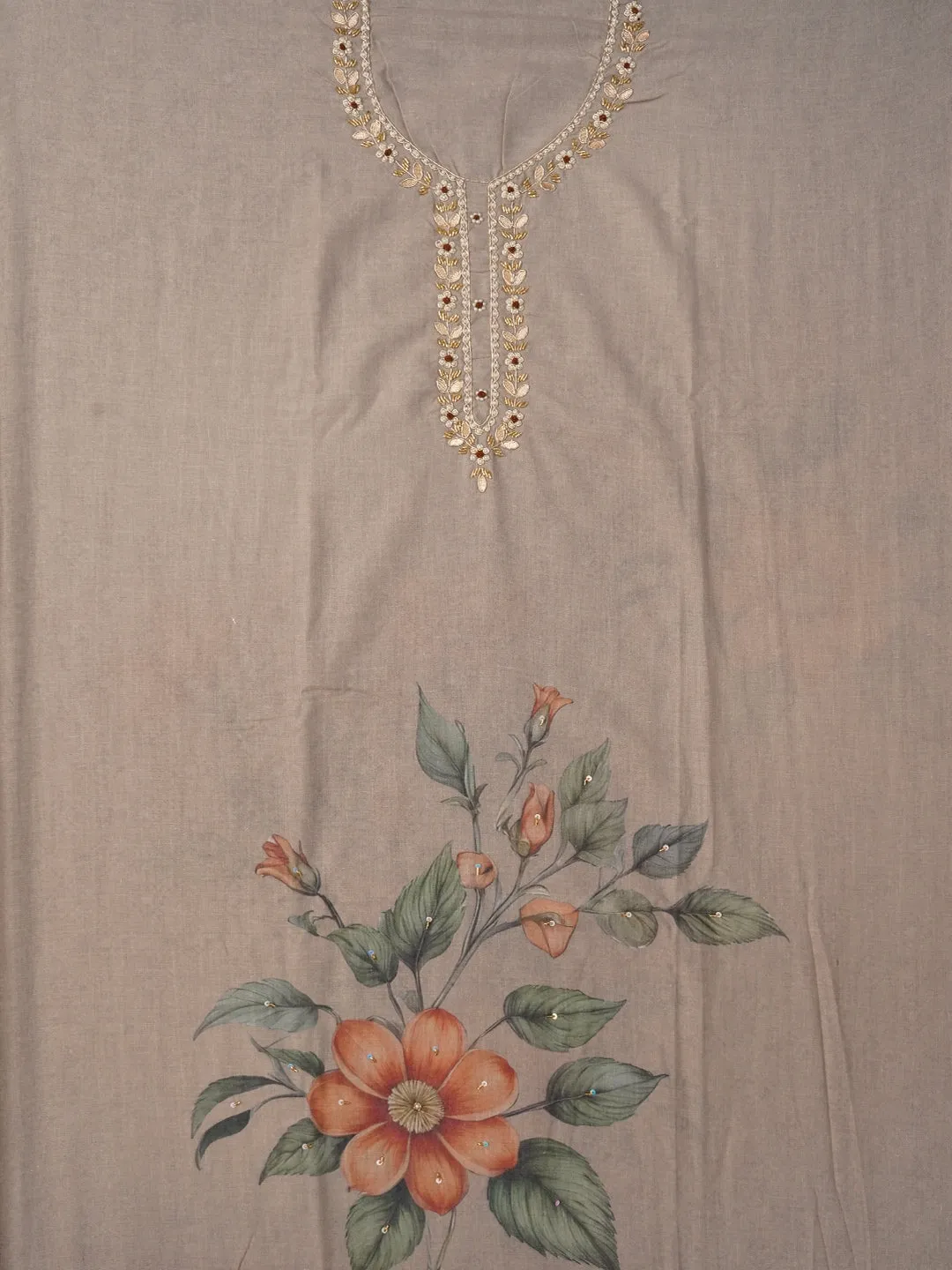 Grey Embellished Floral Printed Cotton Blend Dress Material with Dupatta