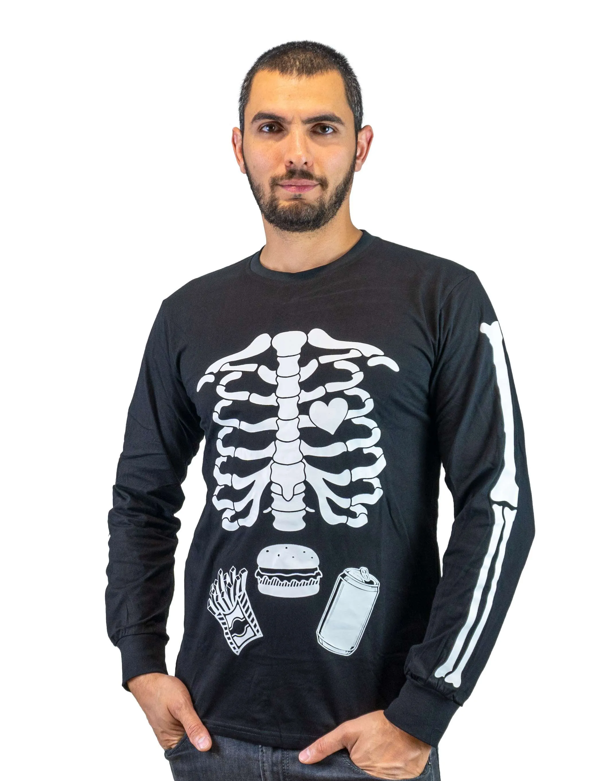 Halloween glow in the dark couple skeleton long sleeve shirts maternity pregnancy x-ray baby girl boy ribcage bones men's food burger shirt