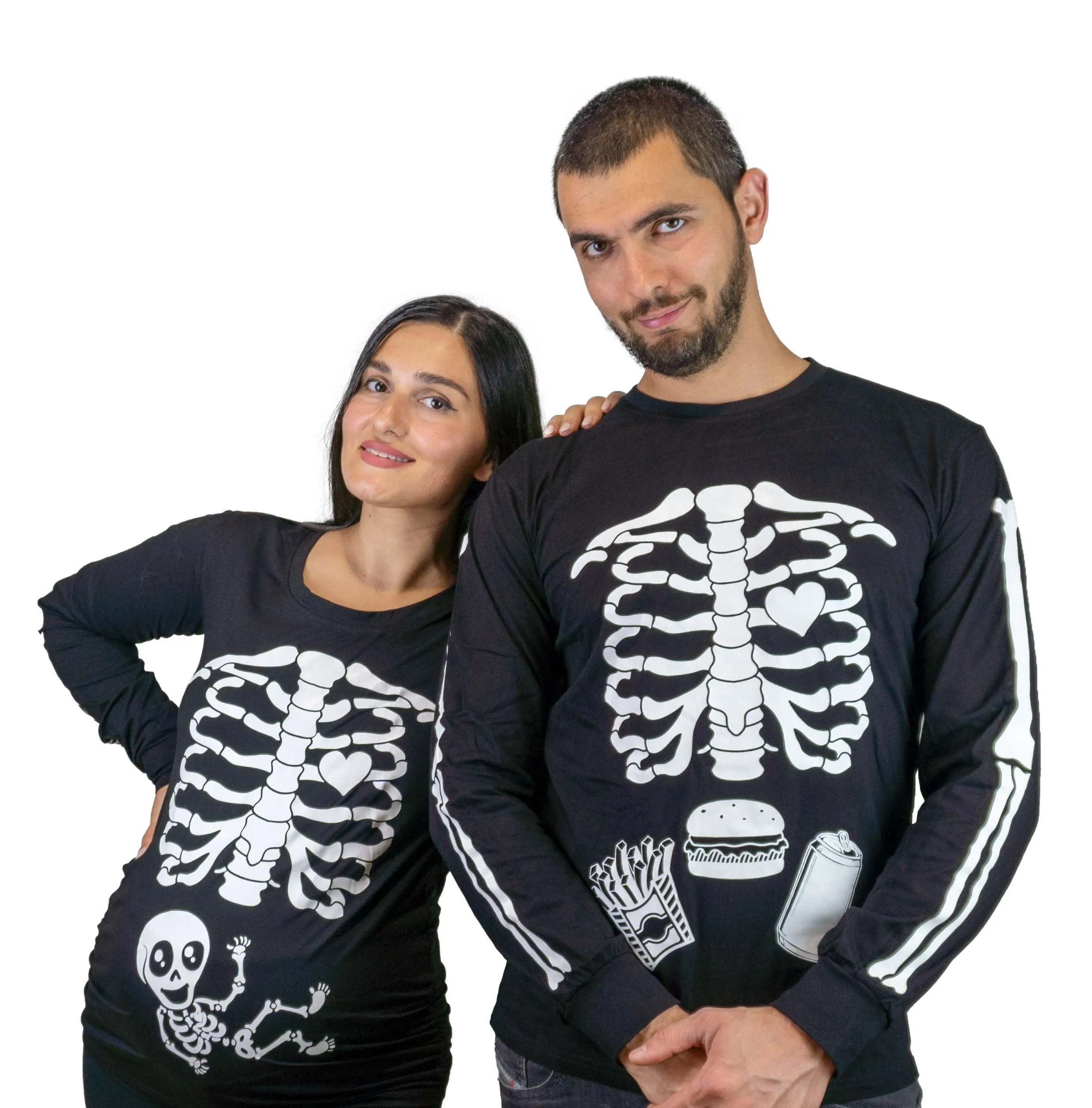 Halloween glow in the dark couple skeleton long sleeve shirts maternity pregnancy x-ray baby girl boy ribcage bones men's food burger shirt