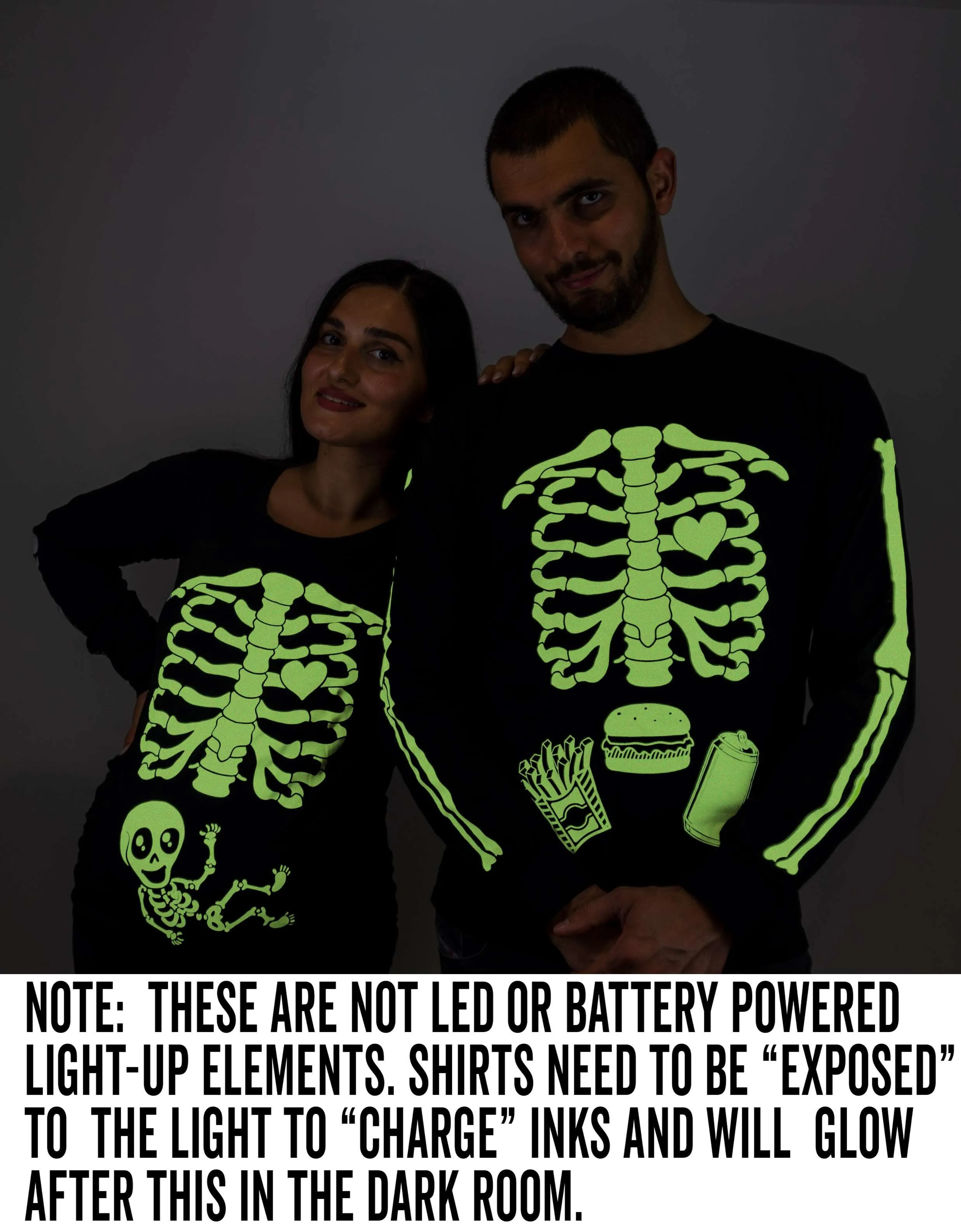 Halloween glow in the dark couple skeleton long sleeve shirts maternity pregnancy x-ray baby girl boy ribcage bones men's food burger shirt
