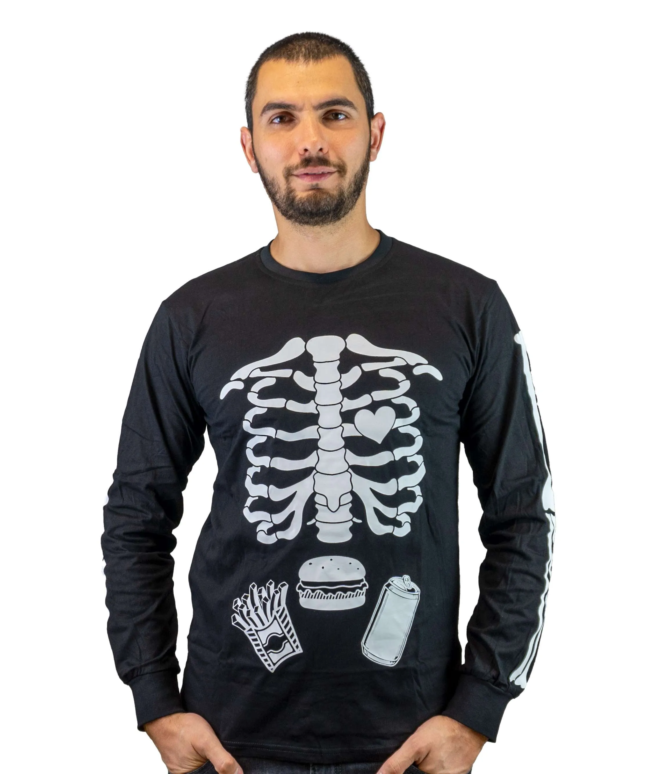 Halloween glow in the dark couple skeleton long sleeve shirts maternity pregnancy x-ray baby girl boy ribcage bones men's food burger shirt