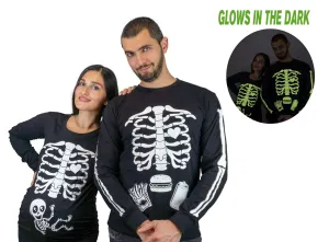 Halloween glow in the dark couple skeleton long sleeve shirts maternity pregnancy x-ray baby girl boy ribcage bones men's food burger shirt