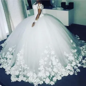 handmade flowers wedding ball gown 2021 vestido de noiva floral short sleeve elegant cheap wedding dresses