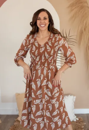 Hazlee Smocked Midi Dress in Mocha