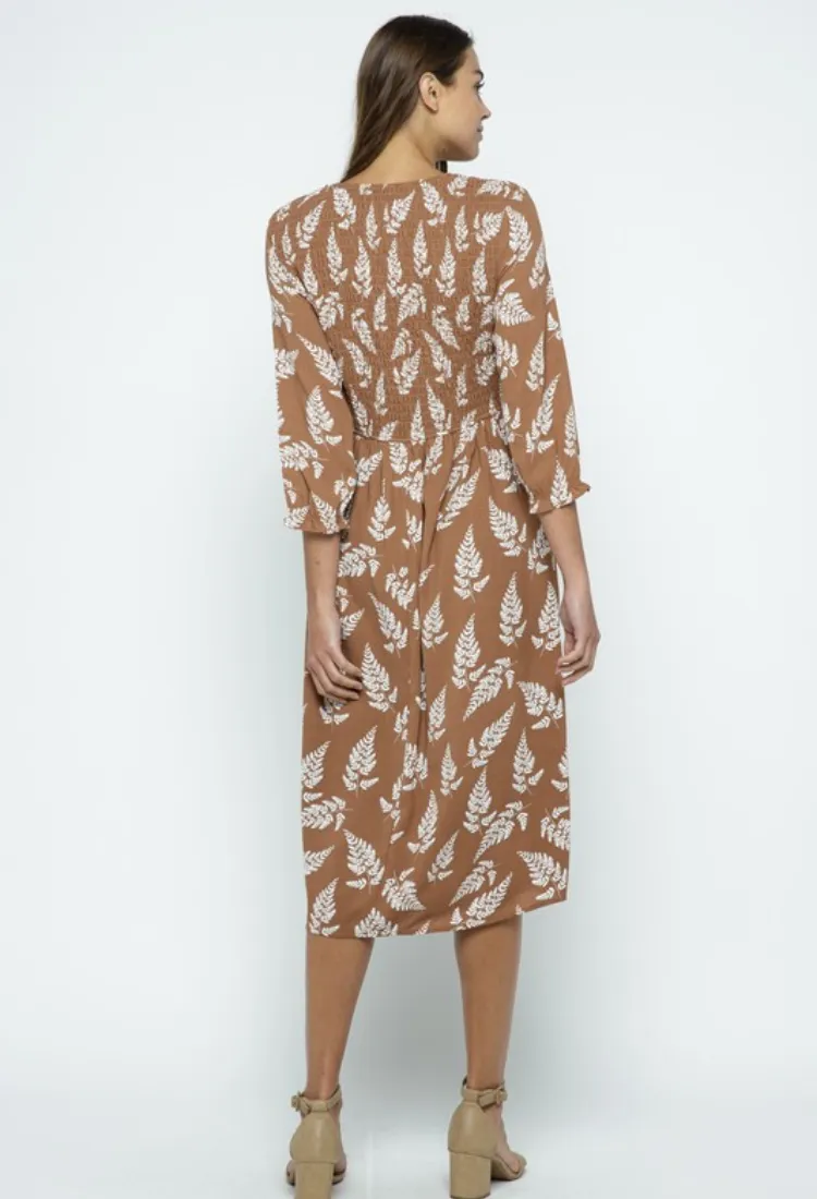 Hazlee Smocked Midi Dress in Mocha