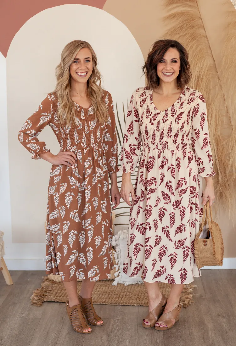 Hazlee Smocked Midi Dress in Mocha