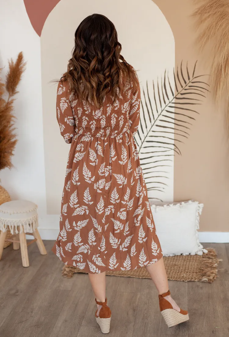 Hazlee Smocked Midi Dress in Mocha
