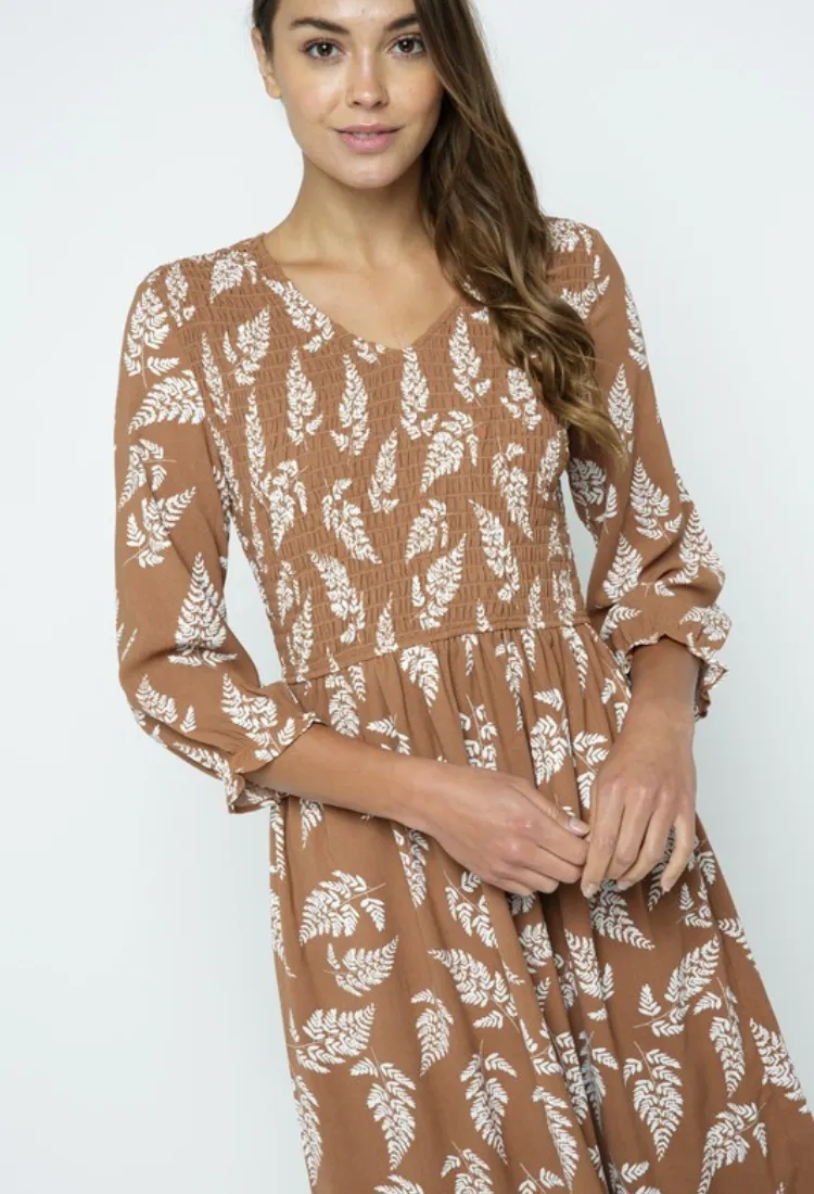 Hazlee Smocked Midi Dress in Mocha