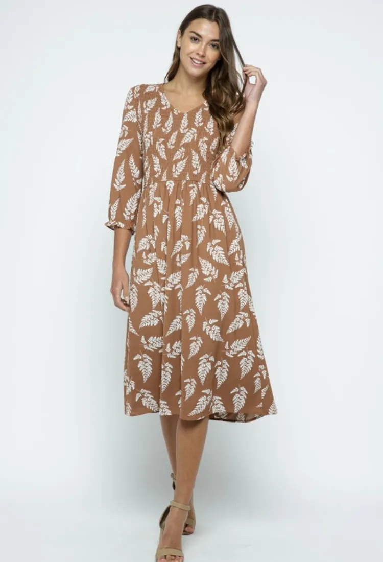 Hazlee Smocked Midi Dress in Mocha