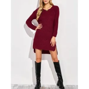 High-Low Slit Sweater Dress - Wine Red One Size