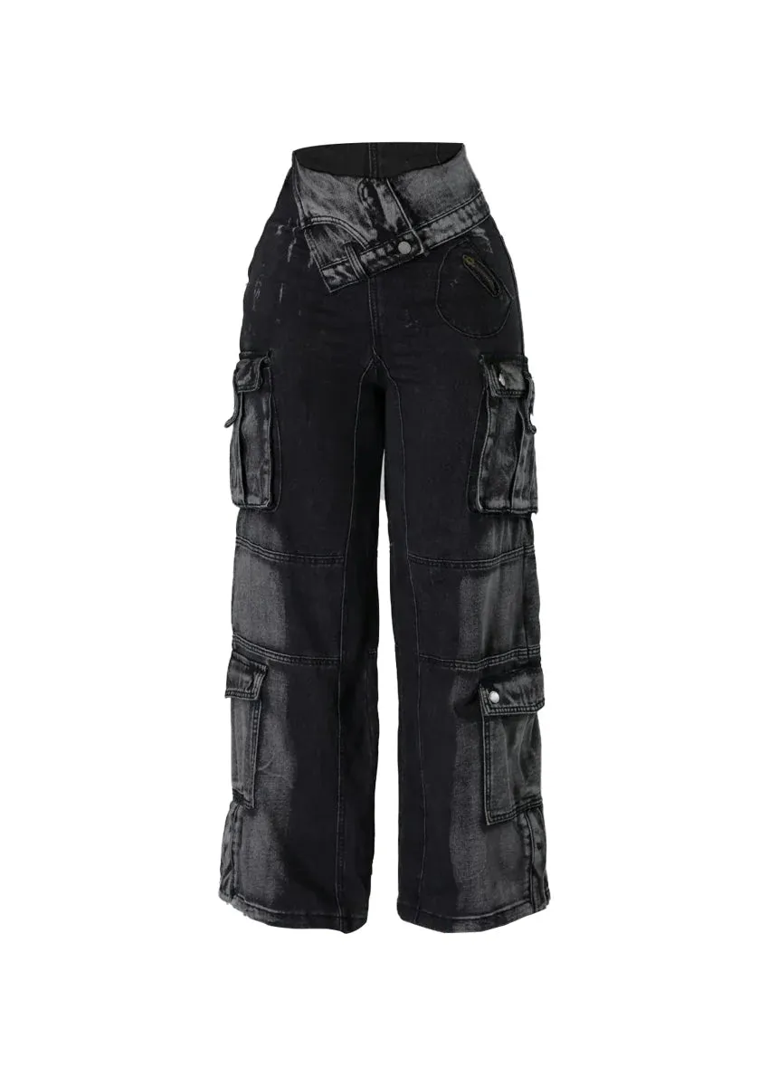 High-Waist Fold Over Black Cargo Jeans