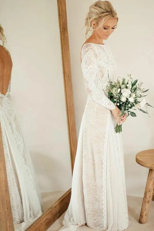 Ivory Lace Backless Long Sleeves Boho Wedding Dresses, Bridal Gown, MW569