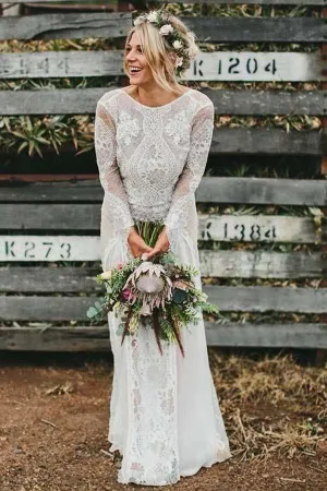 Ivory Lace Backless Long Sleeves Boho Wedding Dresses, Bridal Gown, MW569