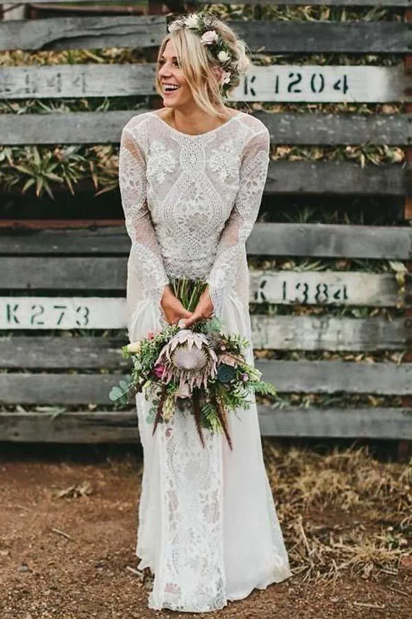 Ivory Lace Backless Long Sleeves Boho Wedding Dresses, Bridal Gown, MW569