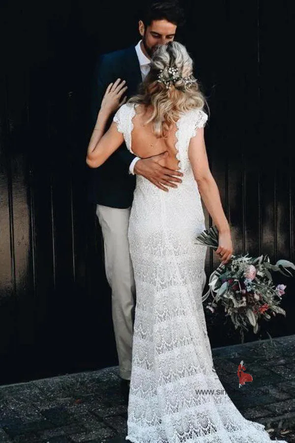 Ivory Lace Boho Mermaid Backless Cap Sleeves Bohemian Wedding Dresses, SW354