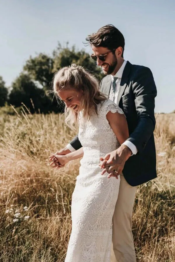 Ivory Lace Boho Mermaid Backless Cap Sleeves Bohemian Wedding Dresses, SW354