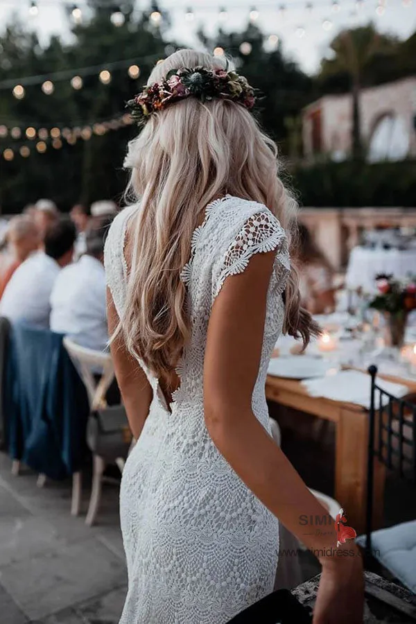 Ivory Lace Boho Mermaid Backless Cap Sleeves Bohemian Wedding Dresses, SW354