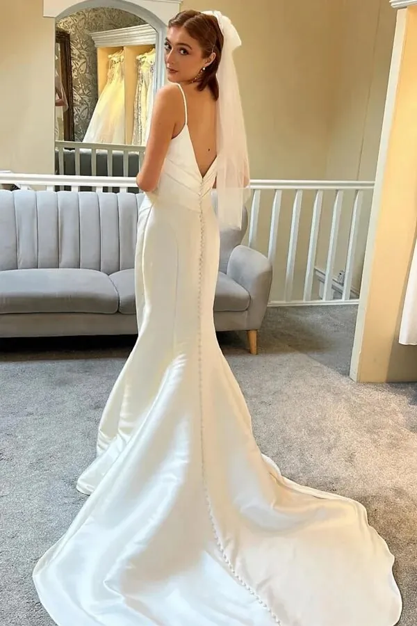 Ivory Mermaid Spaghetti Straps Backless Wedding Dress With Court Train, MW1010