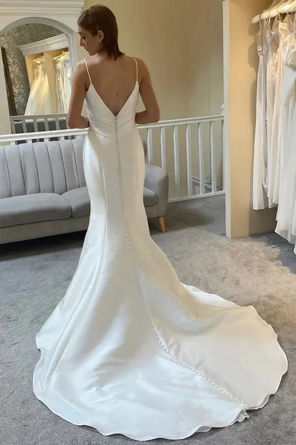 Ivory Mermaid Spaghetti Straps Backless Wedding Dress With Court Train, MW1010