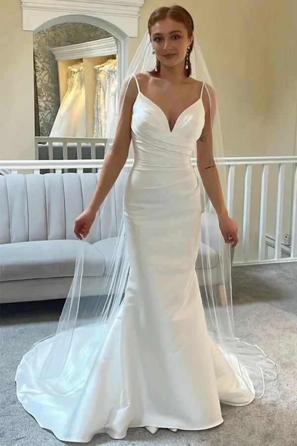 Ivory Mermaid Spaghetti Straps Backless Wedding Dress With Court Train, MW1010
