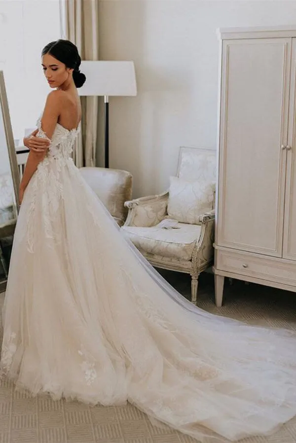 Ivory Tulle A-line Sweetheart Appliqued Wedding Dresses, Bridal Gown, SW465