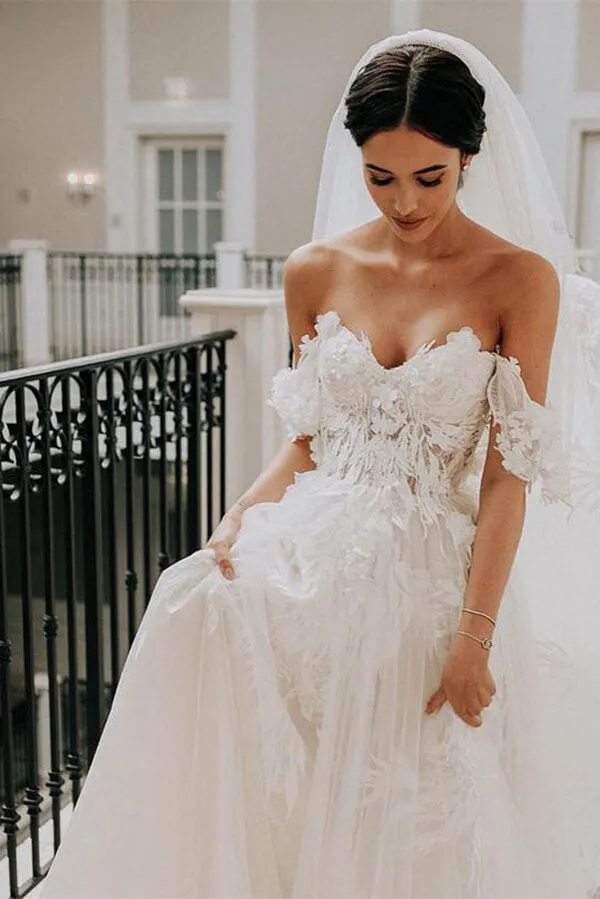 Ivory Tulle A-line Sweetheart Appliqued Wedding Dresses, Bridal Gown, SW465