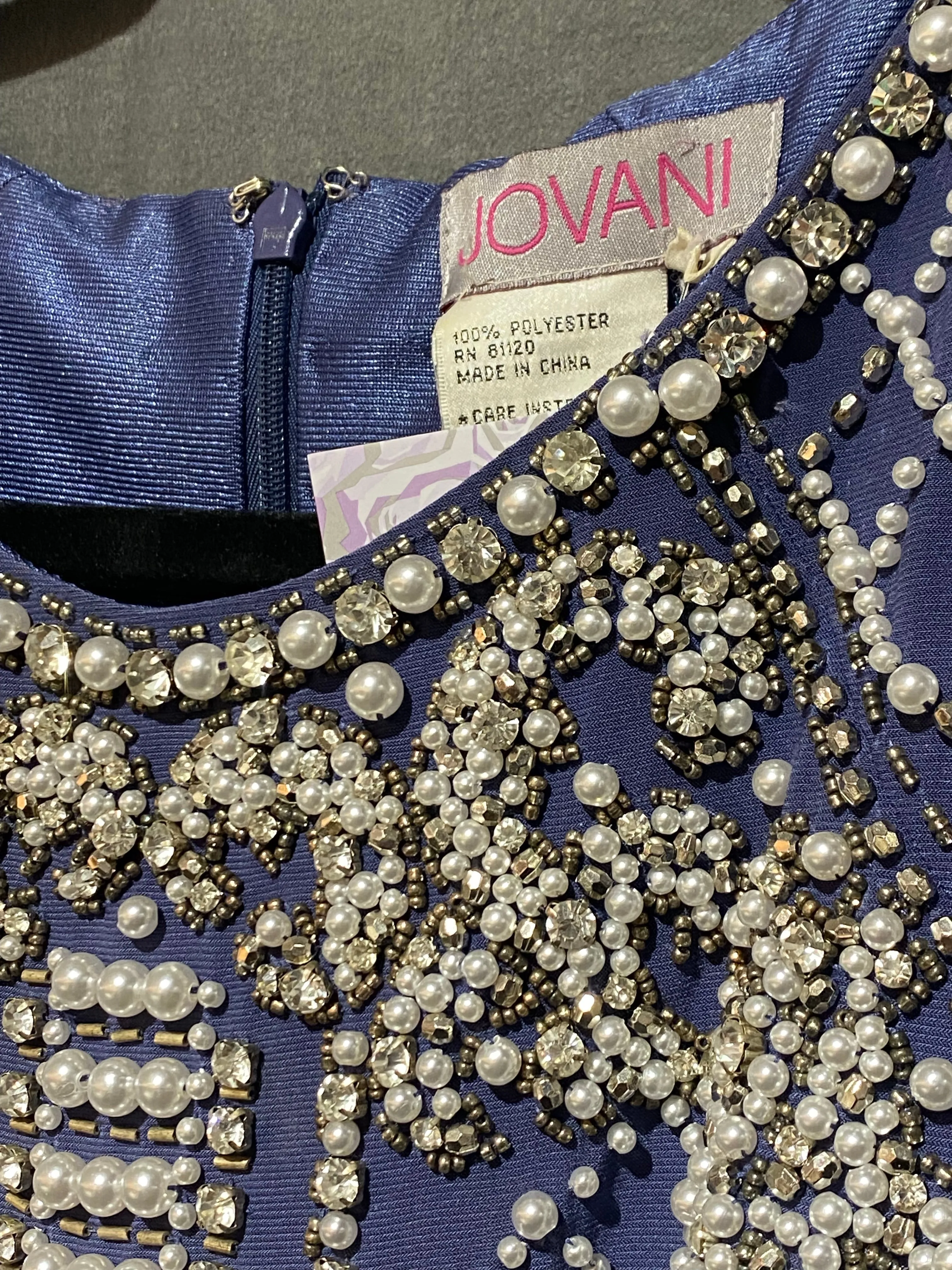 JOVANI Medium Blue Sleeveless BodyCon Dress with Pearl and Clear Rhinestone