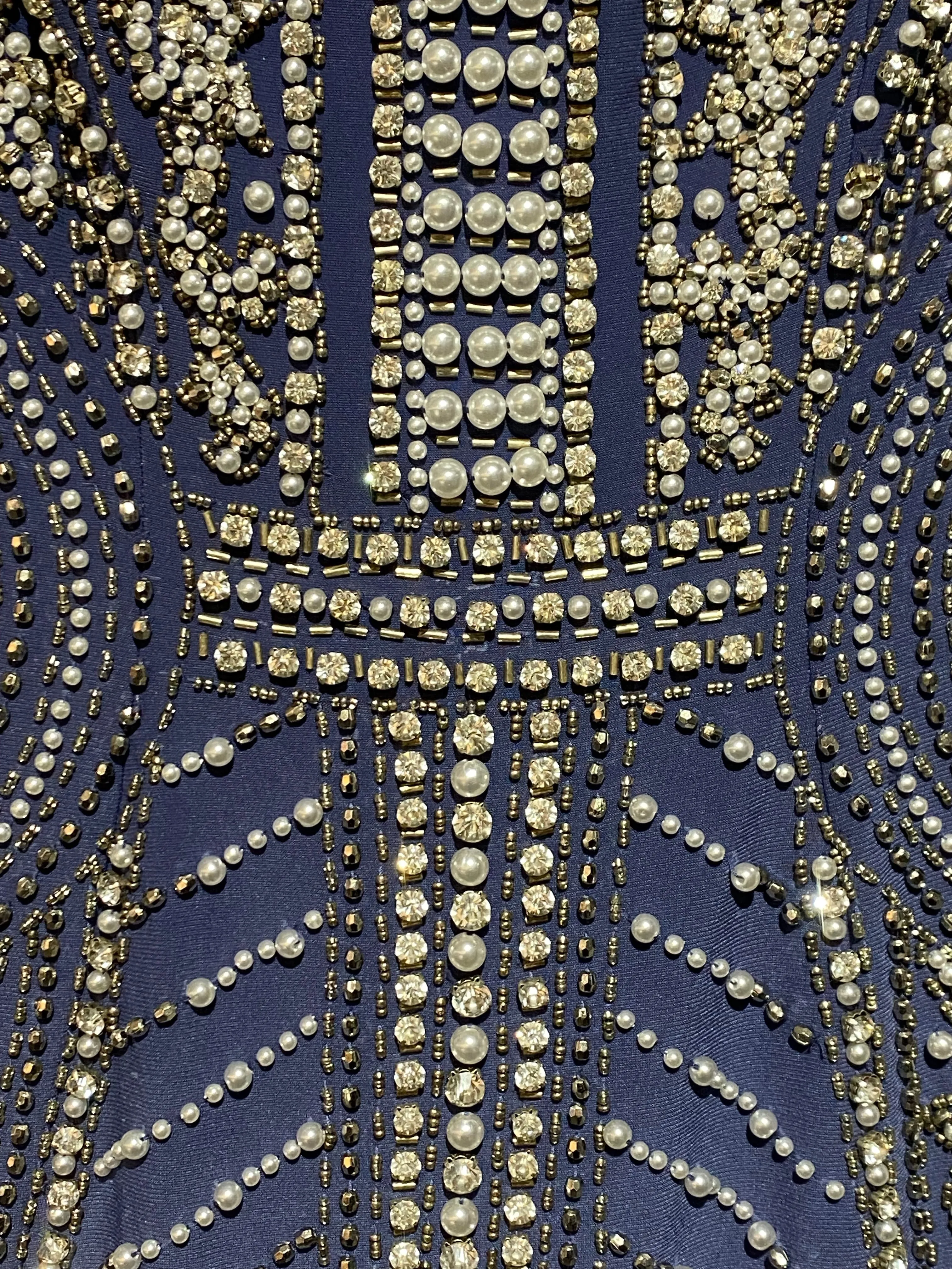 JOVANI Medium Blue Sleeveless BodyCon Dress with Pearl and Clear Rhinestone