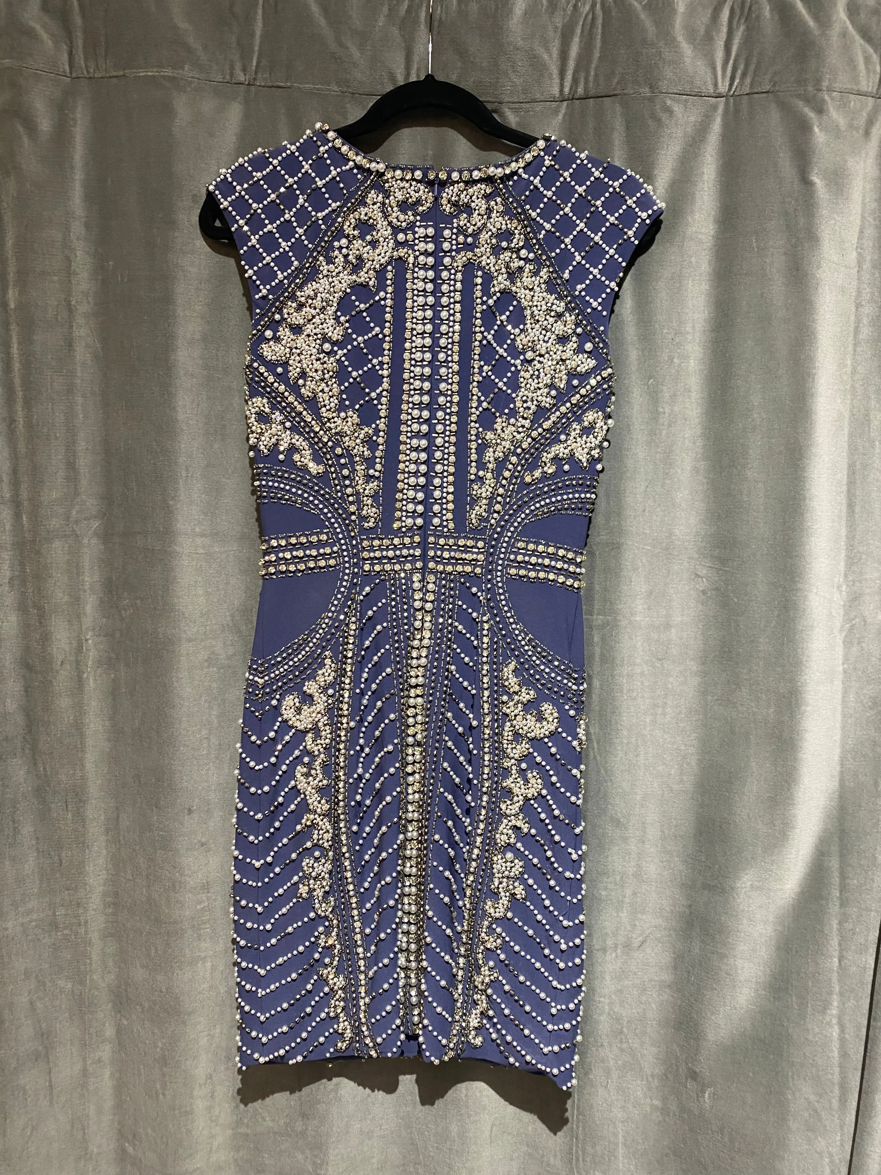 JOVANI Medium Blue Sleeveless BodyCon Dress with Pearl and Clear Rhinestone