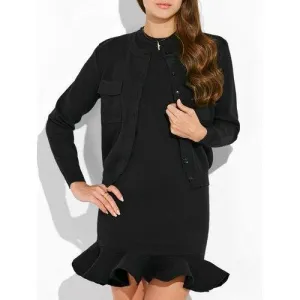 Knitted Cardigan and Crewneck Sweater Dress - Black One Size