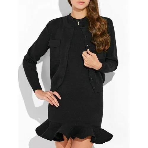 Knitted Cardigan and Crewneck Sweater Dress - Black One Size
