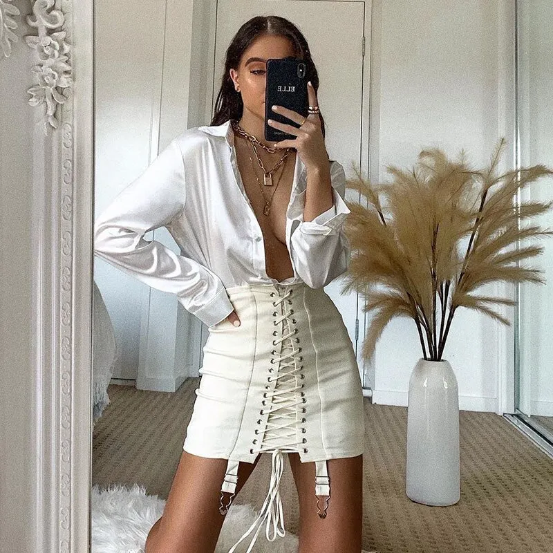 Lace up bodycon boho skirt -  black or white
