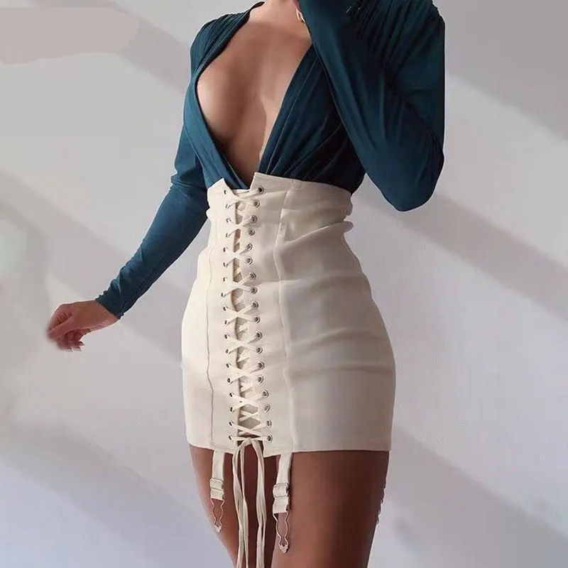 Lace up bodycon boho skirt -  black or white