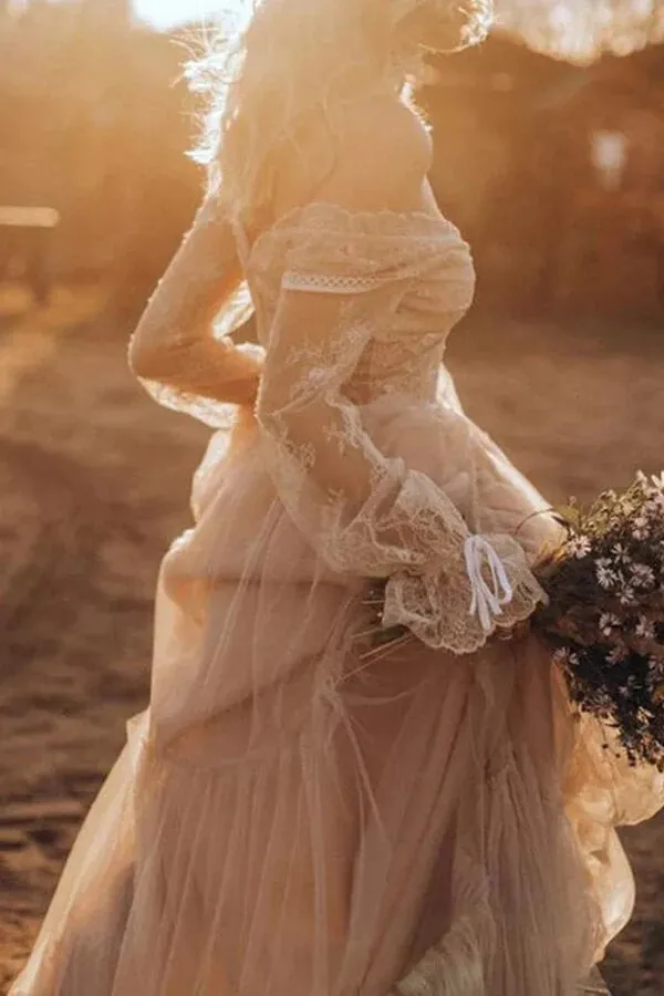 Light Brown Tulle A-line Long Sleeves Boho Rustic Wedding Dresses, MW1041