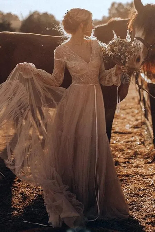 Light Brown Tulle A-line Long Sleeves Boho Rustic Wedding Dresses, MW1041