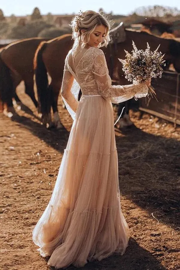 Light Brown Tulle A-line Long Sleeves Boho Rustic Wedding Dresses, MW1041